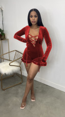 Velvet Long-Sleeve Lace-Up Jumpsuit GCYF-9162