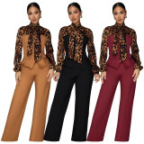 Leopard Print Tie Up Shirt Pants Suit YF-10934