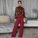 Leopard Print Tie Up Shirt Pants Suit YF-10934