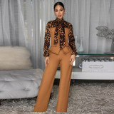 Leopard Print Tie Up Shirt Pants Suit YF-10934