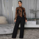 Leopard Print Tie Up Shirt Pants Suit YF-10934