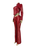 Leather Zipper Tops Two Piece Pants Set CH-25059
