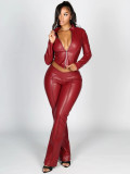 Leather Zipper Tops Two Piece Pants Set CH-25059