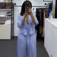V Neck Stripe Shirt Wide Leg Pants Suit GCNE-72925