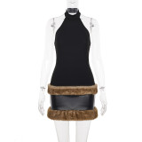 Leather Furrzy Patchwork Mini Dress GPKJ-MR45047