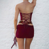 Leather Patchwork Ruched Skirt Suit GWEN-JWKT26438