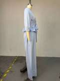 V Neck Stripe Shirt Wide Leg Pants Suit GCNE-72925