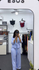 V Neck Stripe Shirt Wide Leg Pants Suit GCNE-72925