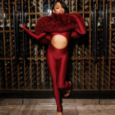 One Shoulder Fur Hollow Out Jumpsuit MXBF-Q25JP340