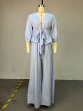 V Neck Stripe Shirt Wide Leg Pants Suit GCNE-72925