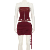 Leather Patchwork Ruched Skirt Suit GWEN-JWKT26438