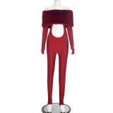 One Shoulder Fur Hollow Out Jumpsuit MXBF-Q25JP340