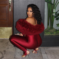 One Shoulder Fur Hollow Out Jumpsuit MXBF-Q25JP340