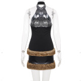 Leather Furrzy Patchwork Mini Dress GPKJ-MR45047