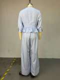 V Neck Stripe Shirt Wide Leg Pants Suit GCNE-72925
