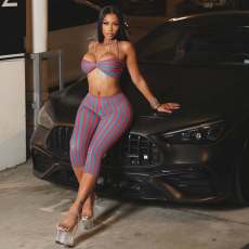 Stripe Comtrast Color Two Piece Pants Set YWXS-K25L1151