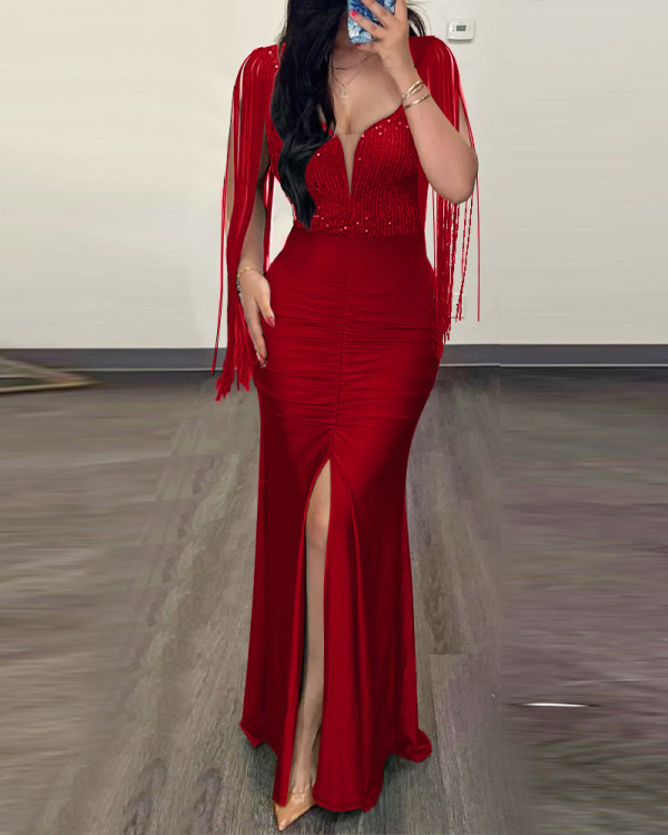 Tassel Sleeve Sequin Split Maxi Dress GXRF-QC088