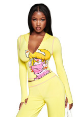 Print Hooded Coat Two Piece Pants Set YWXS-K25L1015