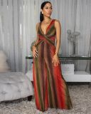 Deep V Neck Print Maxi Dress XHXF-472