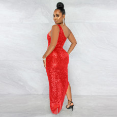 Single Shoulder Sequin Tassel Midi Dress GXRF-QC057