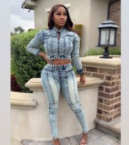 Patchwork Denim Two Piece Pants Set NYF-8200