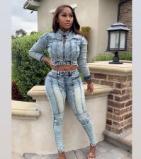 Patchwork Denim Two Piece Pants Set NYF-8200