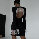 Backless Tassel Flare Sleeve Mini Dress GXRF-QC100