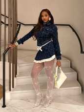 Bow-Print Ruffled Patchwork Denim Skirt Suit GMYU-6670