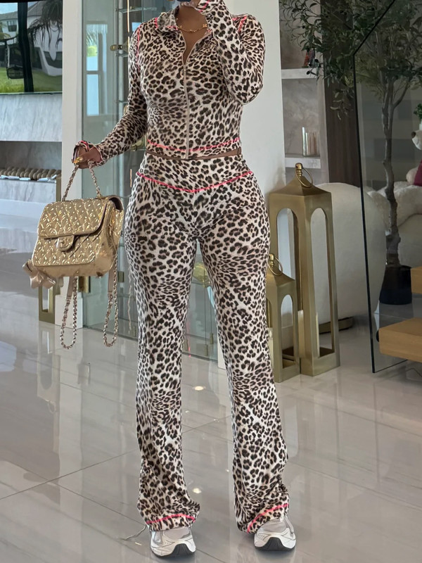 Leopard Print Hooded Pants Suit YH-5364