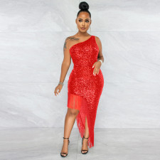 Single Shoulder Sequin Tassel Midi Dress GXRF-QC057