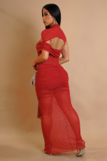 Hollow Out Mesh Ruched Dress 2 Piece Set GTYZ-7583