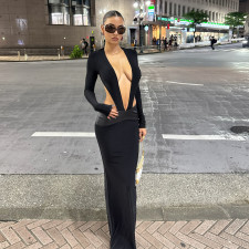 Deep V Neck Hollow Out Maxi Dress XEF-K25D83857