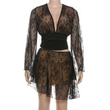V Neck Lace Patchwork Skirt Suit XEF-K25S82803