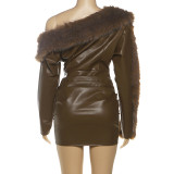 PU Leather Fur Patchwork Mini Dress XEF-K25D81955