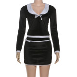 Bow Tie Long Sleeve Two Piece Skirts Set XEF-K25S83442