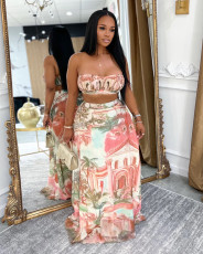 Strapless Chiffon Print Long Skirt Two-Piece Set GTYZ-7587