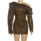 PU Leather Fur Patchwork Mini Dress XEF-K25D81955