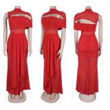 Hollow Out Mesh Ruched Dress 2 Piece Set GTYZ-7583