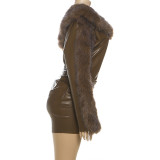 PU Leather Fur Patchwork Mini Dress XEF-K25D81955