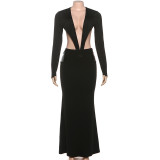 Deep V Neck Hollow Out Maxi Dress XEF-K25D83857