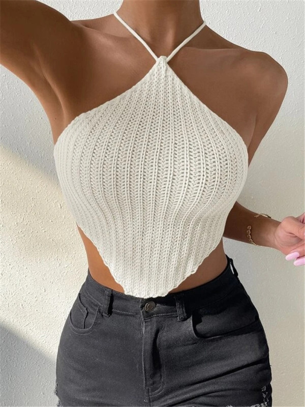 Tie Up Halterneck Backless Knits Tank Tops GZYF-1009