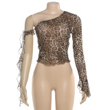 Leopard Print Slash Shoulder Tops GZJQ-K25L83808