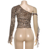 Leopard Print Slash Shoulder Tops GZJQ-K25L83808