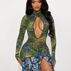 Print Mesh Patchwork Maxi Dress GZJQ-K25D82065