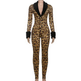 V Neck Fur Patchwork Jumpsuit GZJQ-K25Q84416