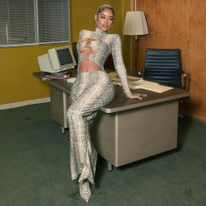 Snake Print Hollow Out Maxi Dress GSLF-K25D84255