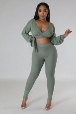 Solid Color Tie Up Two Piece Pants Suit XHXF-8729