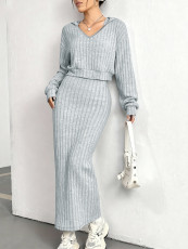 Loungewear Solid Color V Neck Skirt Suit YH-9028