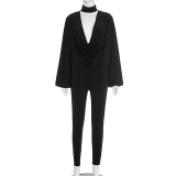 Deep V Neck Solid Color Two Piece Pant Set MXBF-J25ST352