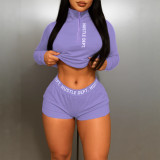 Letter Print Zipper Two Piece Shorts Set HNIF-1127